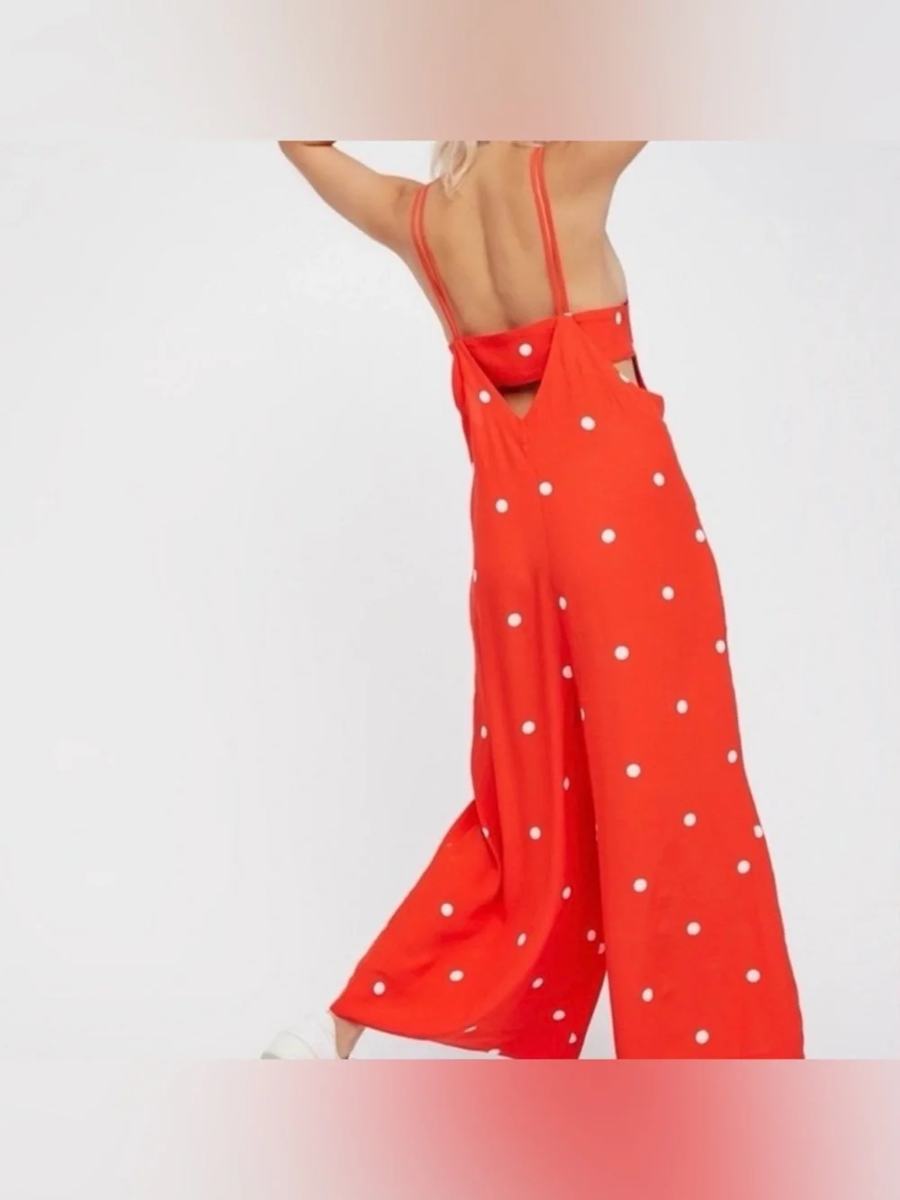 FREE PEOPLE Dream Big Red & White Polka Dot Tank Cropped Jumpsuit Size Small